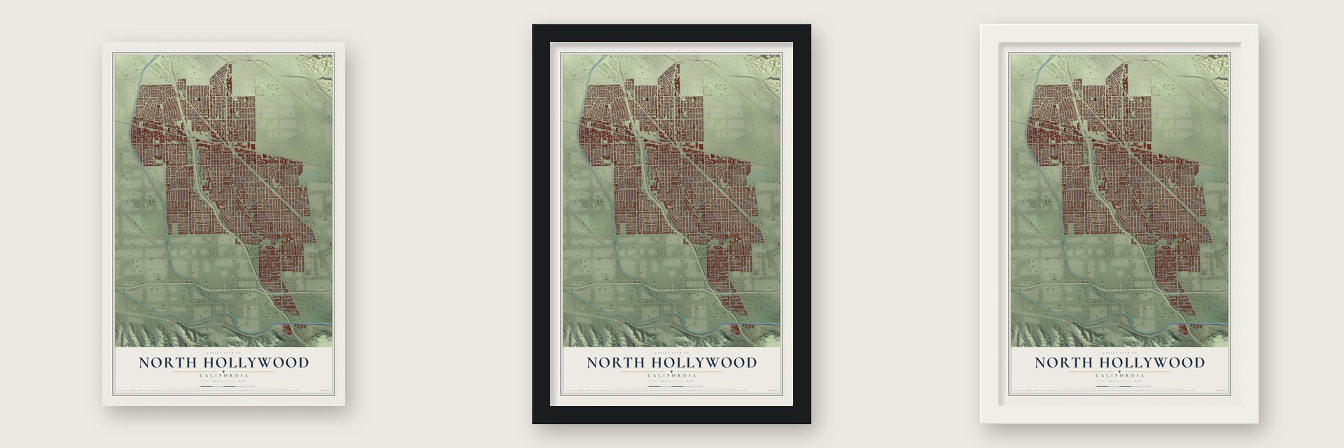 North Hollywood, California map unframed, in a black wood frame and in a white wood frame