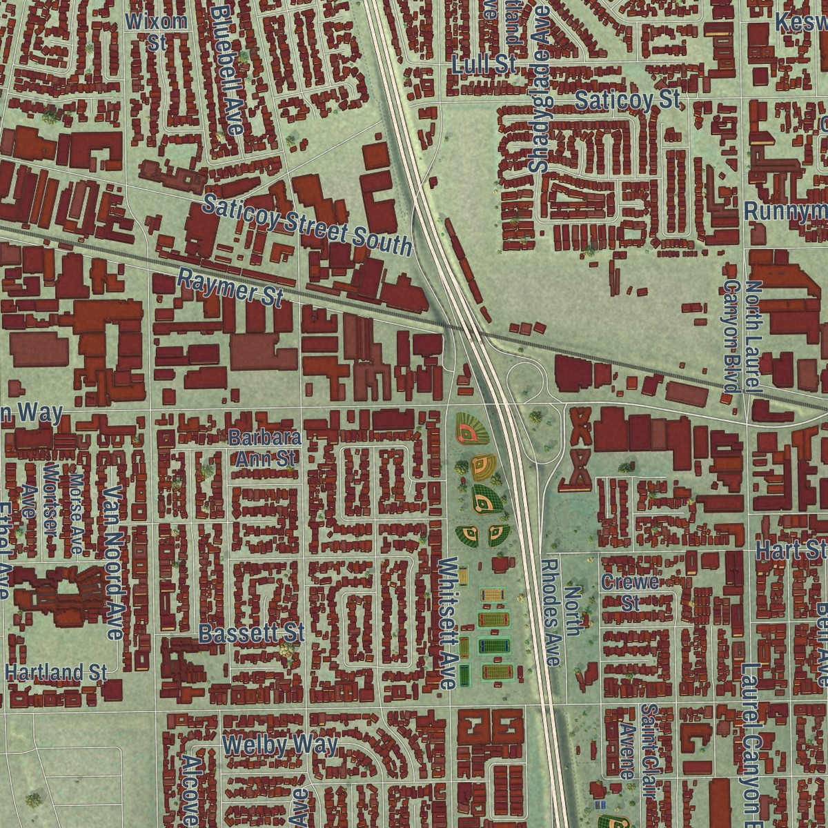 Second close-up of the map of North Hollywood, California print showing more streets and buildings