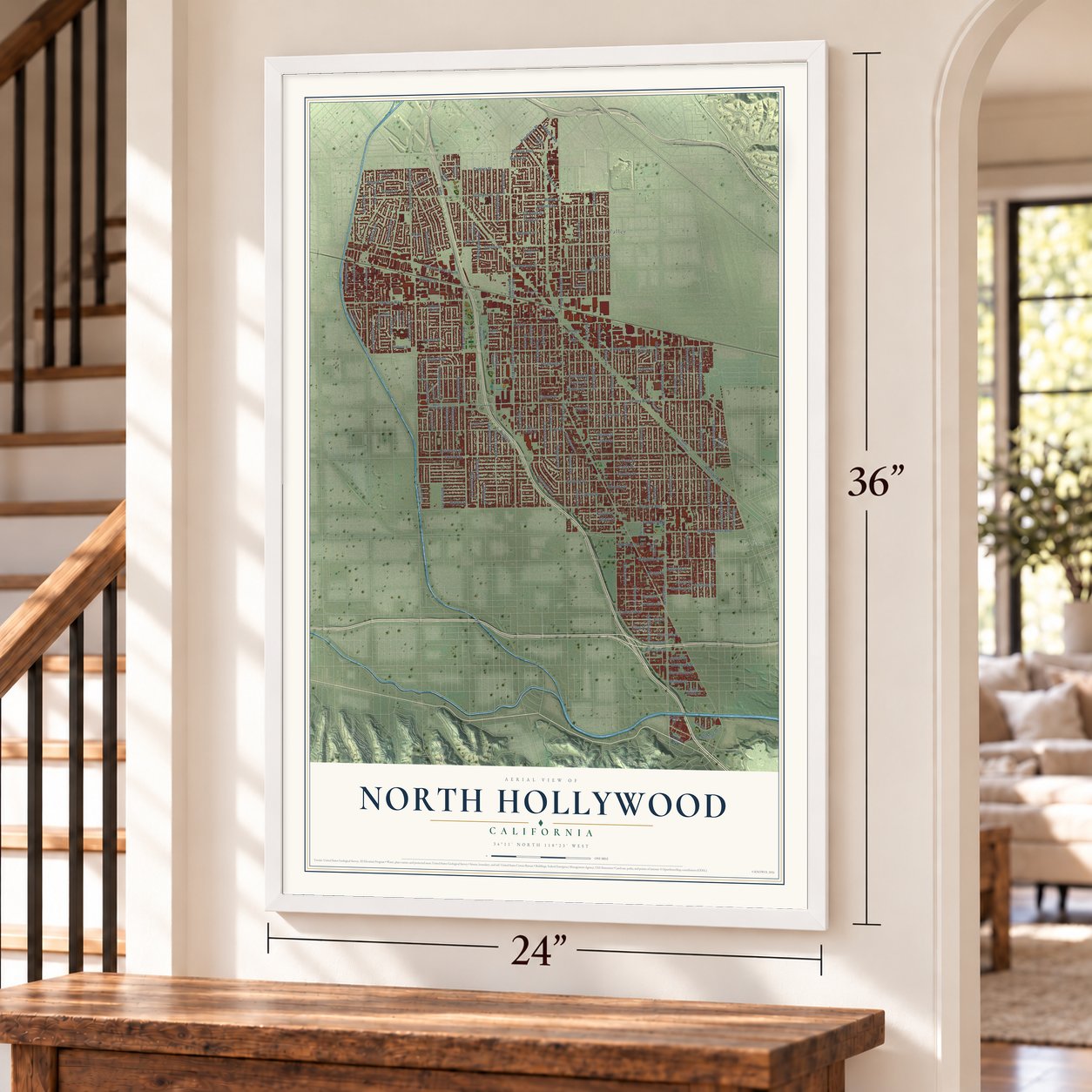 North Hollywood, California map, 24 x 36 inch print in a white frame by a staircase
