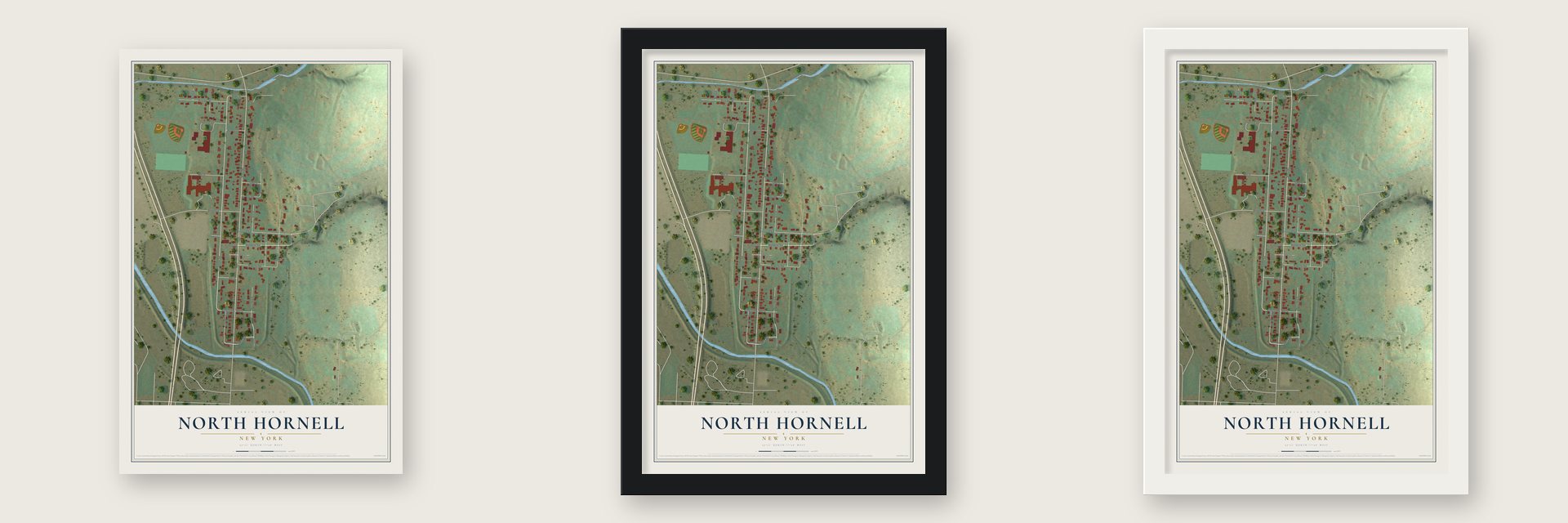 North Hornell, New York map unframed, in a black wood frame and in a white wood frame