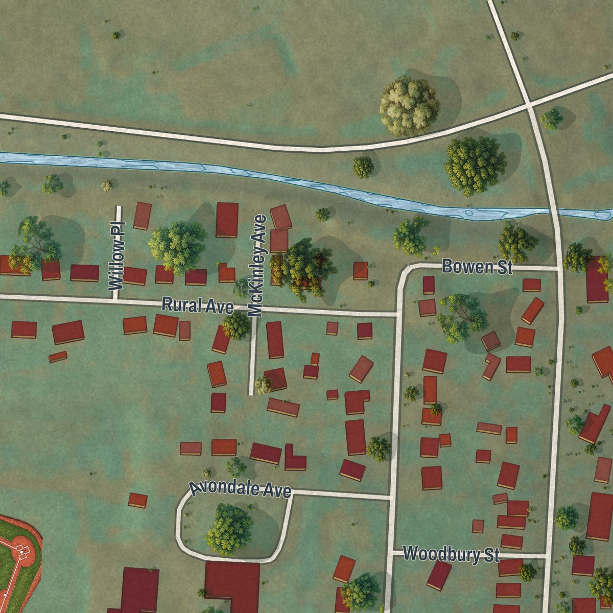 Second close-up of the map of North Hornell, New York print showing more streets and buildings