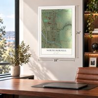 North Hornell, New York map, 18 x 24 inch print in a white frame in a home office