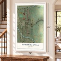 North Hornell, New York map, 24 x 36 inch print in a white frame by a staircase