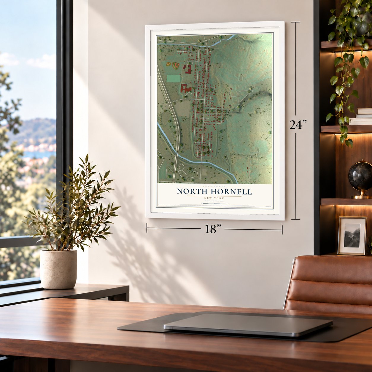 North Hornell, New York map, 18 x 24 inch print in a white frame in a home office