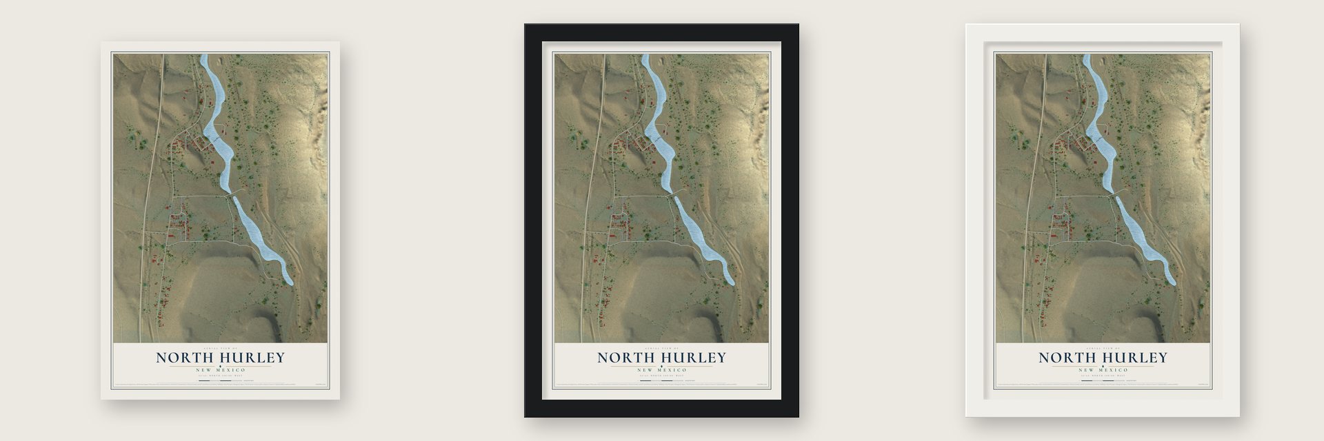 North Hurley, New Mexico map unframed, in a black wood frame and in a white wood frame