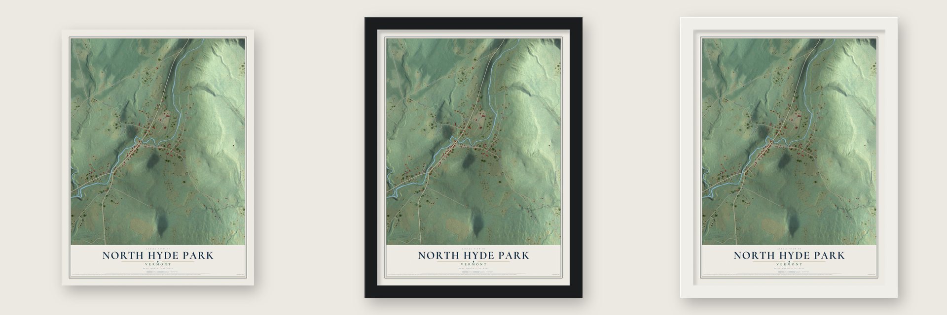 North Hyde Park, Vermont map unframed, in a black wood frame and in a white wood frame