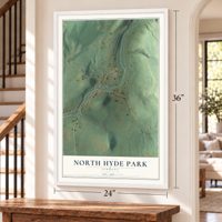 North Hyde Park, Vermont map, 24 x 36 inch print in a white frame by a staircase