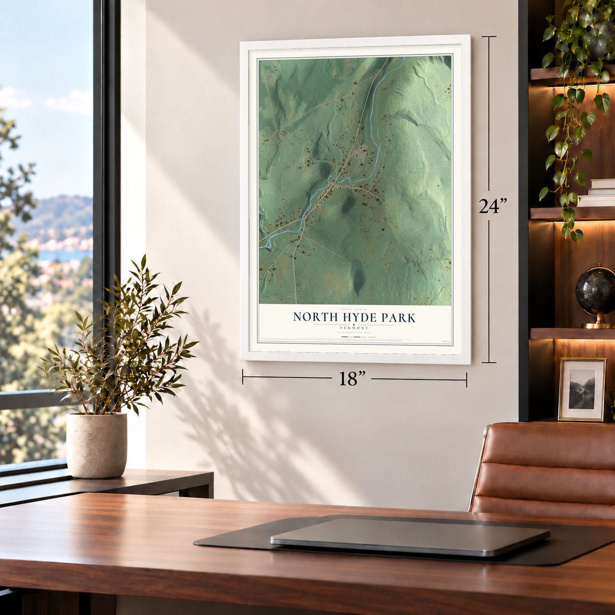 North Hyde Park, Vermont map, 18 x 24 inch print in a white frame in a home office