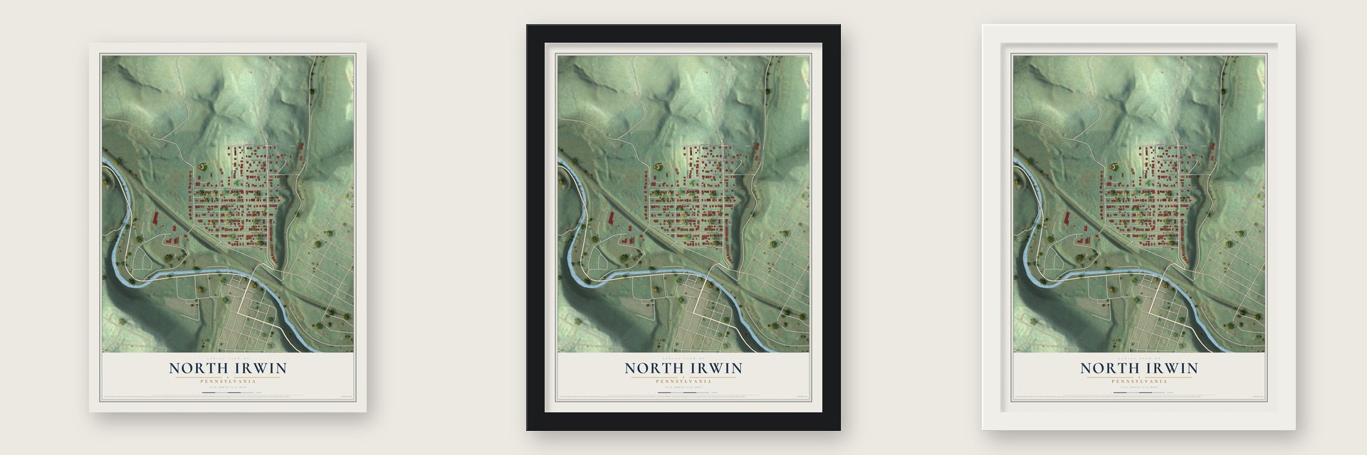 North Irwin, Pennsylvania map unframed, in a black wood frame and in a white wood frame