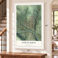 North Irwin, Pennsylvania map, 24 x 36 inch print in a white frame by a staircase