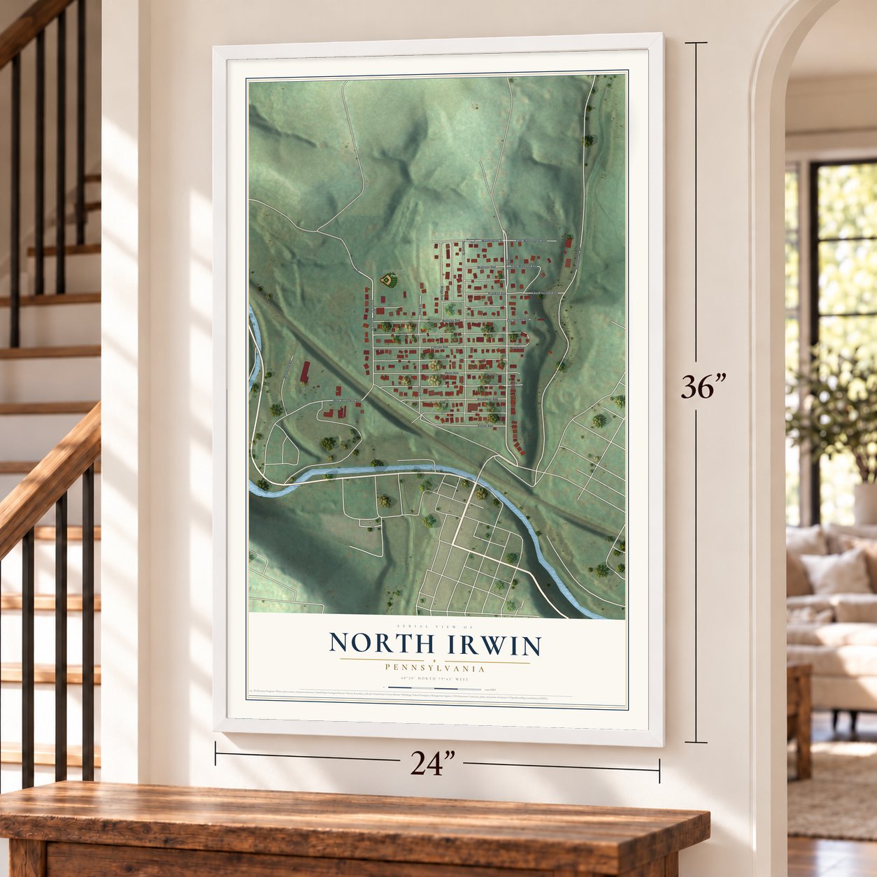 North Irwin, Pennsylvania map, 24 x 36 inch print in a white frame by a staircase