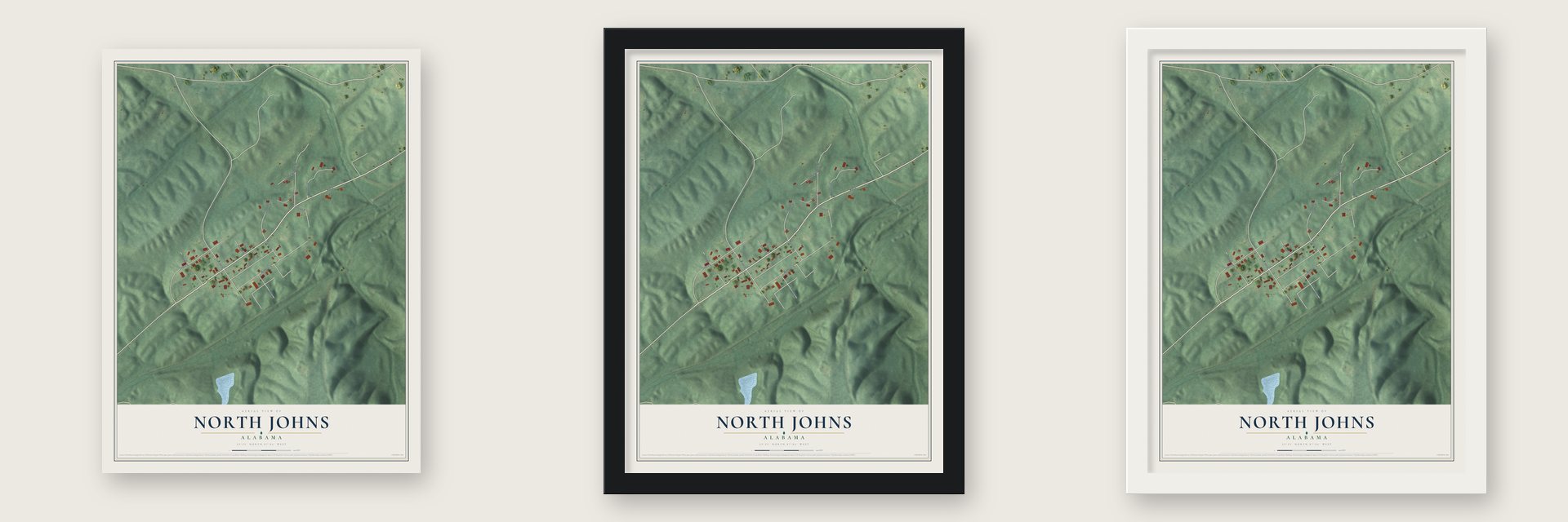 North Johns, Alabama map unframed, in a black wood frame and in a white wood frame