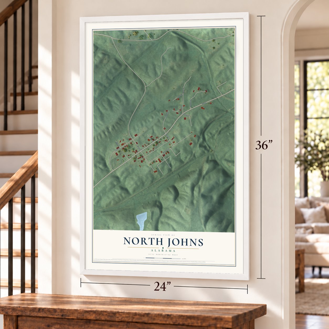 North Johns, Alabama map, 24 x 36 inch print in a white frame by a staircase