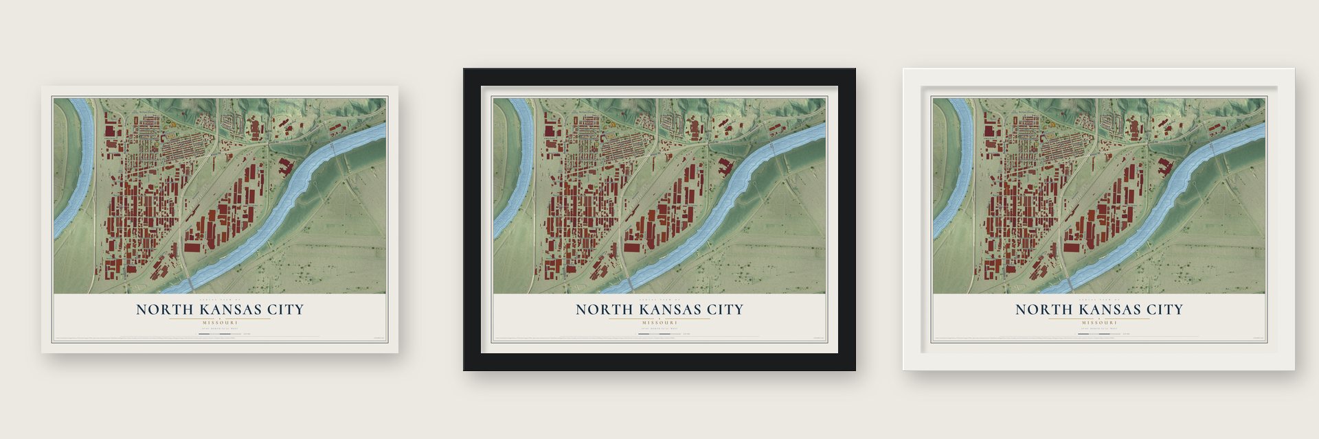 North Kansas City, Missouri map unframed, in a black wood frame and in a white wood frame