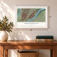 North Kansas City, Missouri map, 12 x 18 inch print in a white frame in an entryway