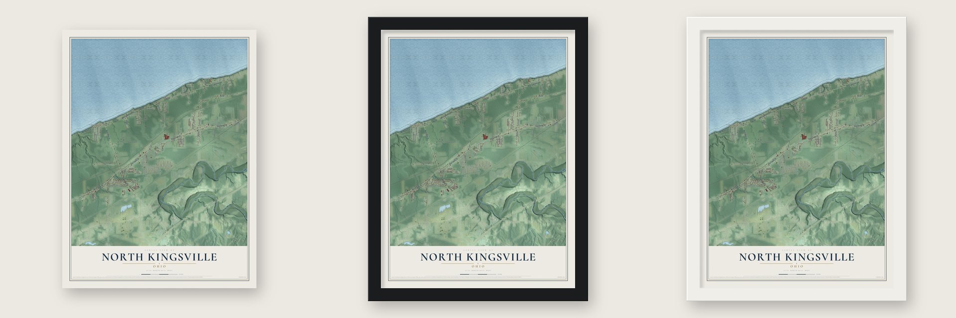 North Kingsville, Ohio map unframed, in a black wood frame and in a white wood frame
