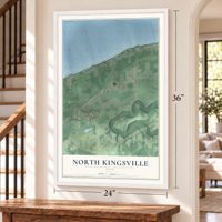North Kingsville, Ohio map, 24 x 36 inch print in a white frame by a staircase