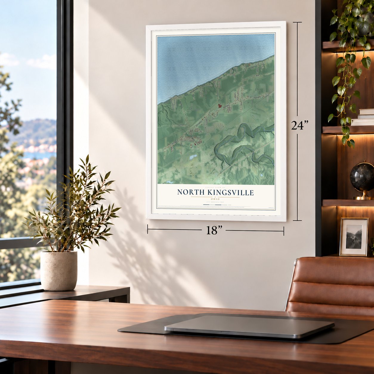 North Kingsville, Ohio map, 18 x 24 inch print in a white frame in a home office
