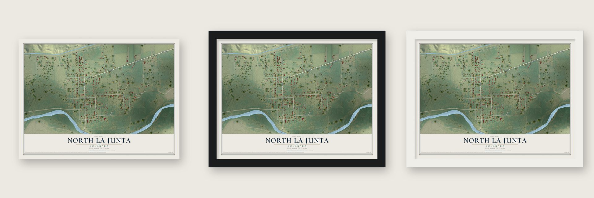 North La Junta, Colorado map unframed, in a black wood frame and in a white wood frame
