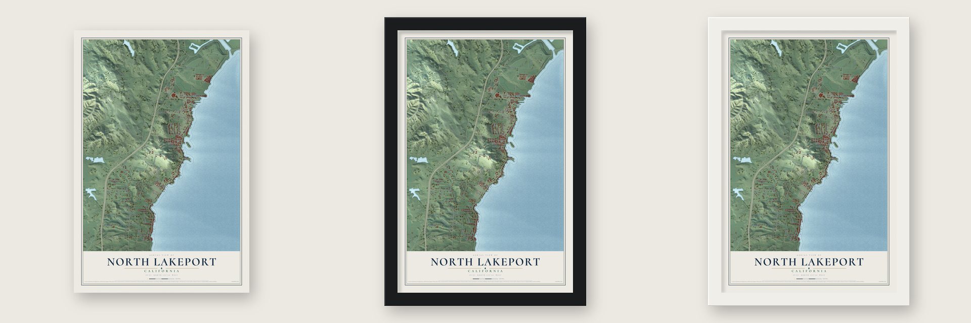 North Lakeport, California map unframed, in a black wood frame and in a white wood frame