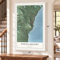 North Lakeport, California map, 24 x 36 inch print in a white frame by a staircase