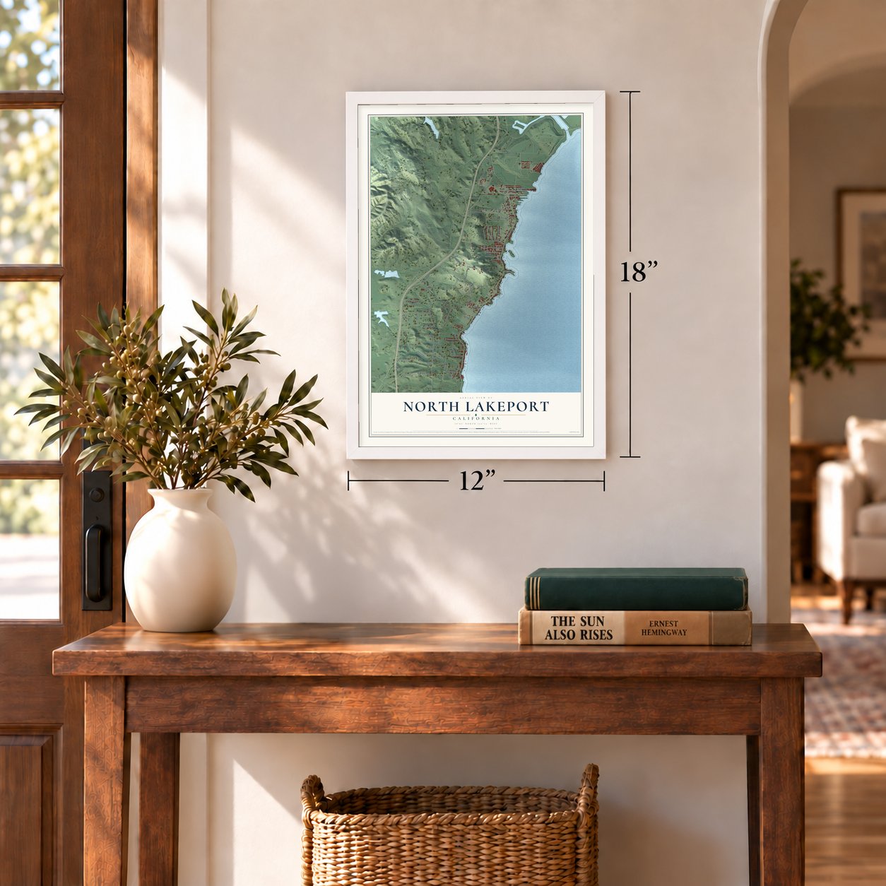 North Lakeport, California map, 12 x 18 inch print in a white frame in an entryway