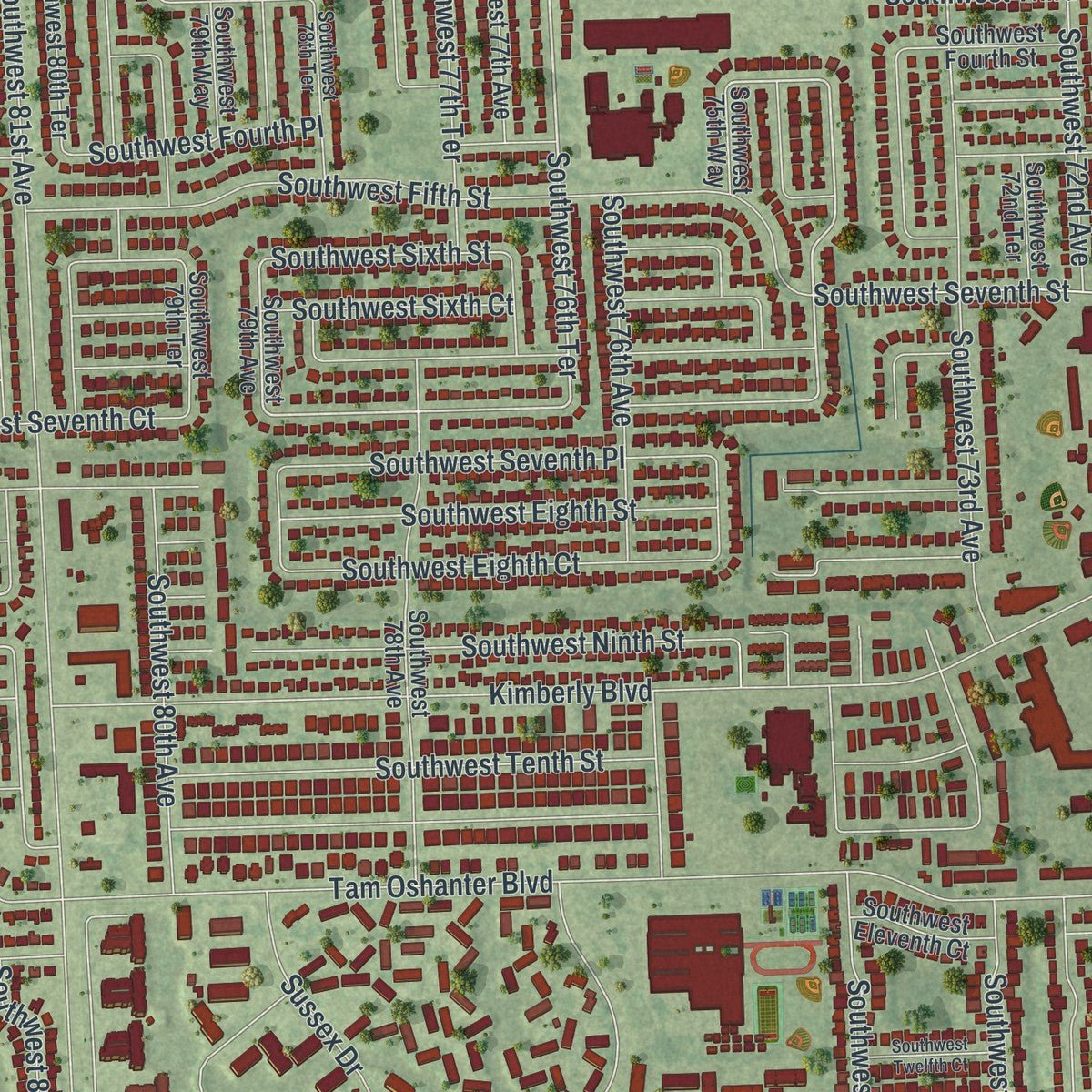 Second close-up of the map of North Lauderdale, Florida print showing more streets and buildings