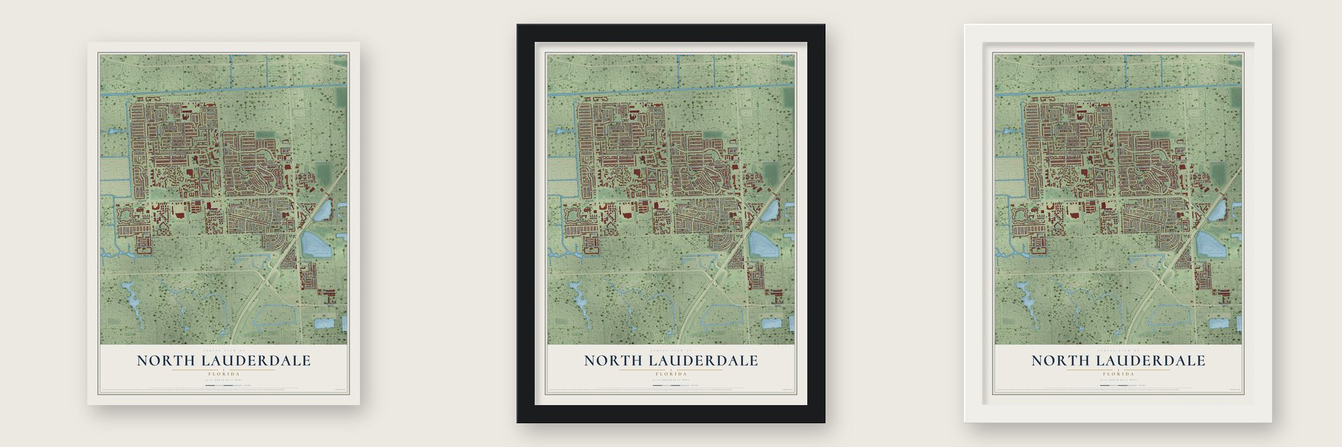 North Lauderdale, Florida map unframed, in a black wood frame and in a white wood frame