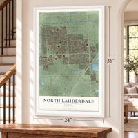 North Lauderdale, Florida map, 24 x 36 inch print in a white frame by a staircase
