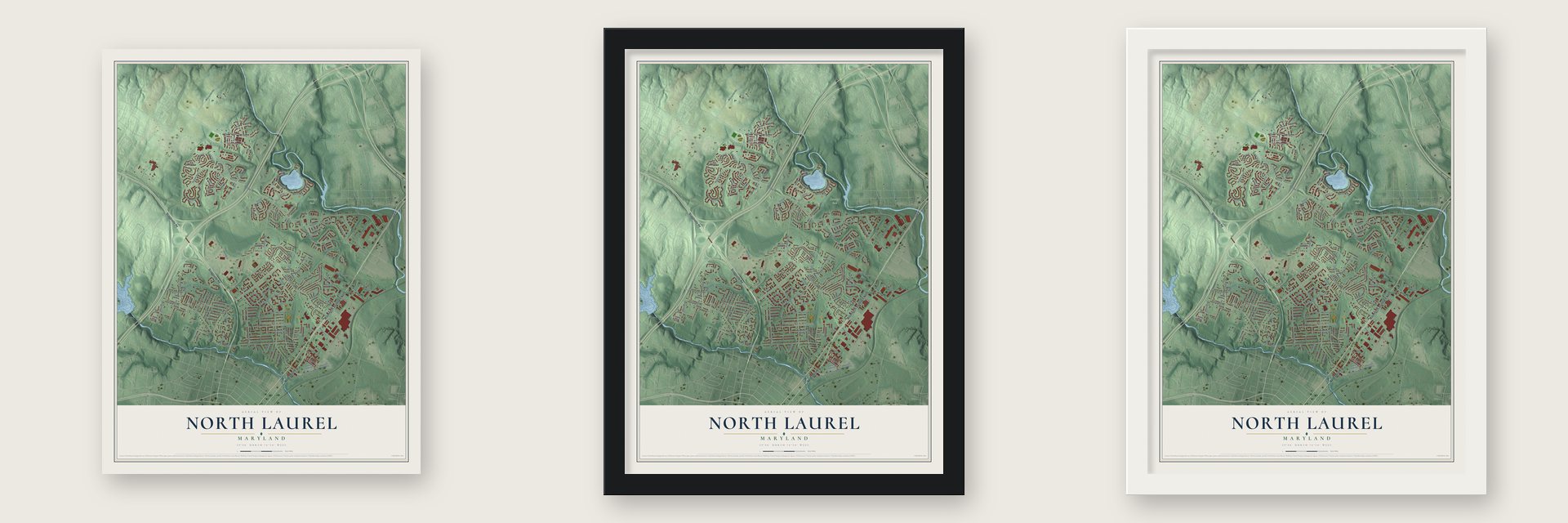 North Laurel, Maryland map unframed, in a black wood frame and in a white wood frame