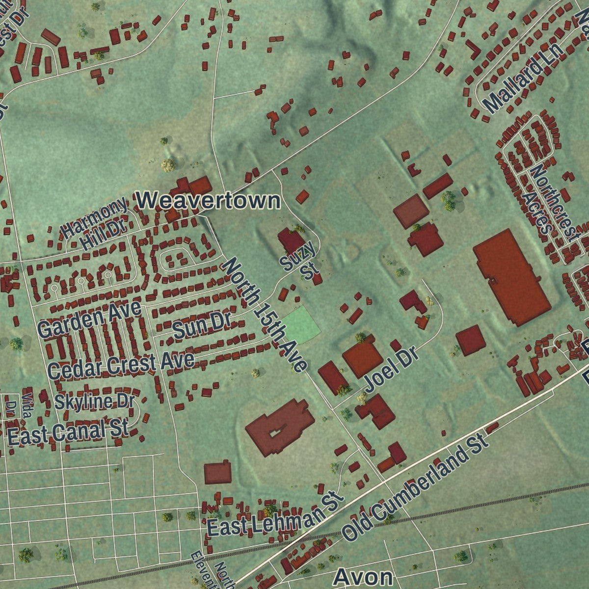 Second close-up of the map of North Lebanon, Pennsylvania print showing more streets and buildings