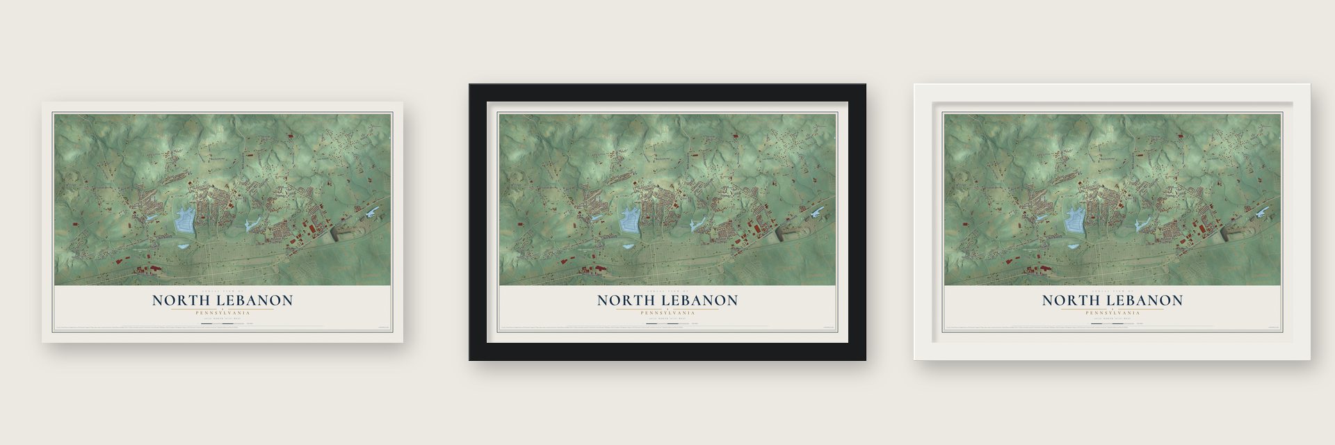 North Lebanon, Pennsylvania map unframed, in a black wood frame and in a white wood frame