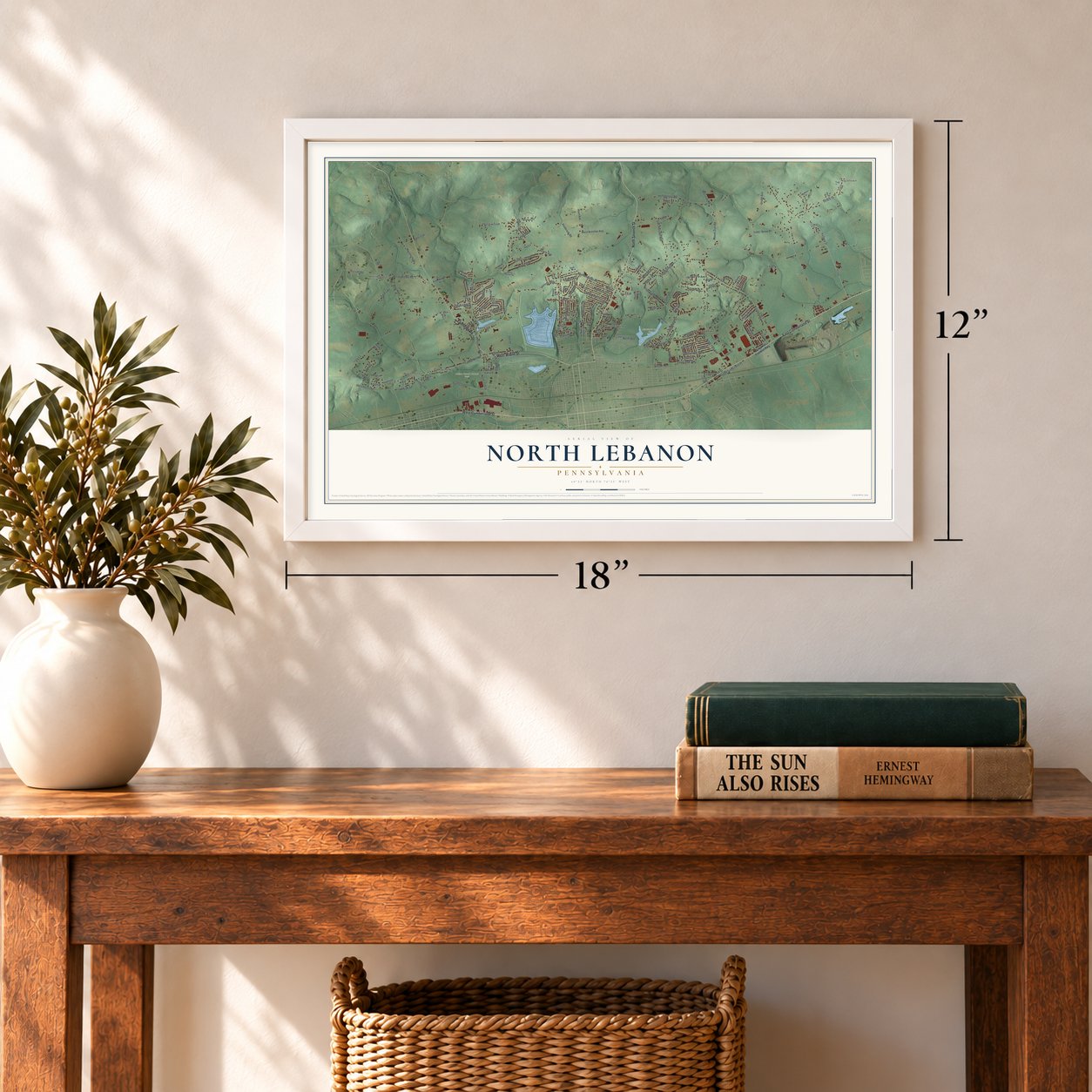 North Lebanon, Pennsylvania map, 12 x 18 inch print in a white frame in an entryway