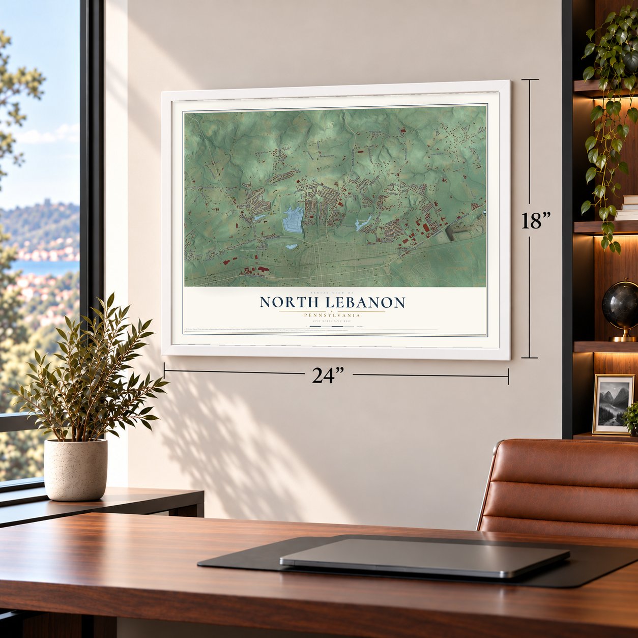 North Lebanon, Pennsylvania map, 18 x 24 inch print in a white frame in a home office