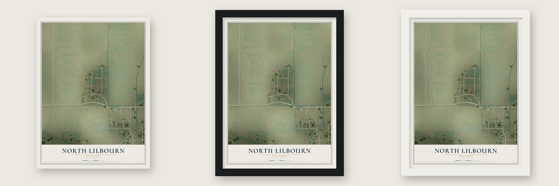 North Lilbourn, Missouri map unframed, in a black wood frame and in a white wood frame
