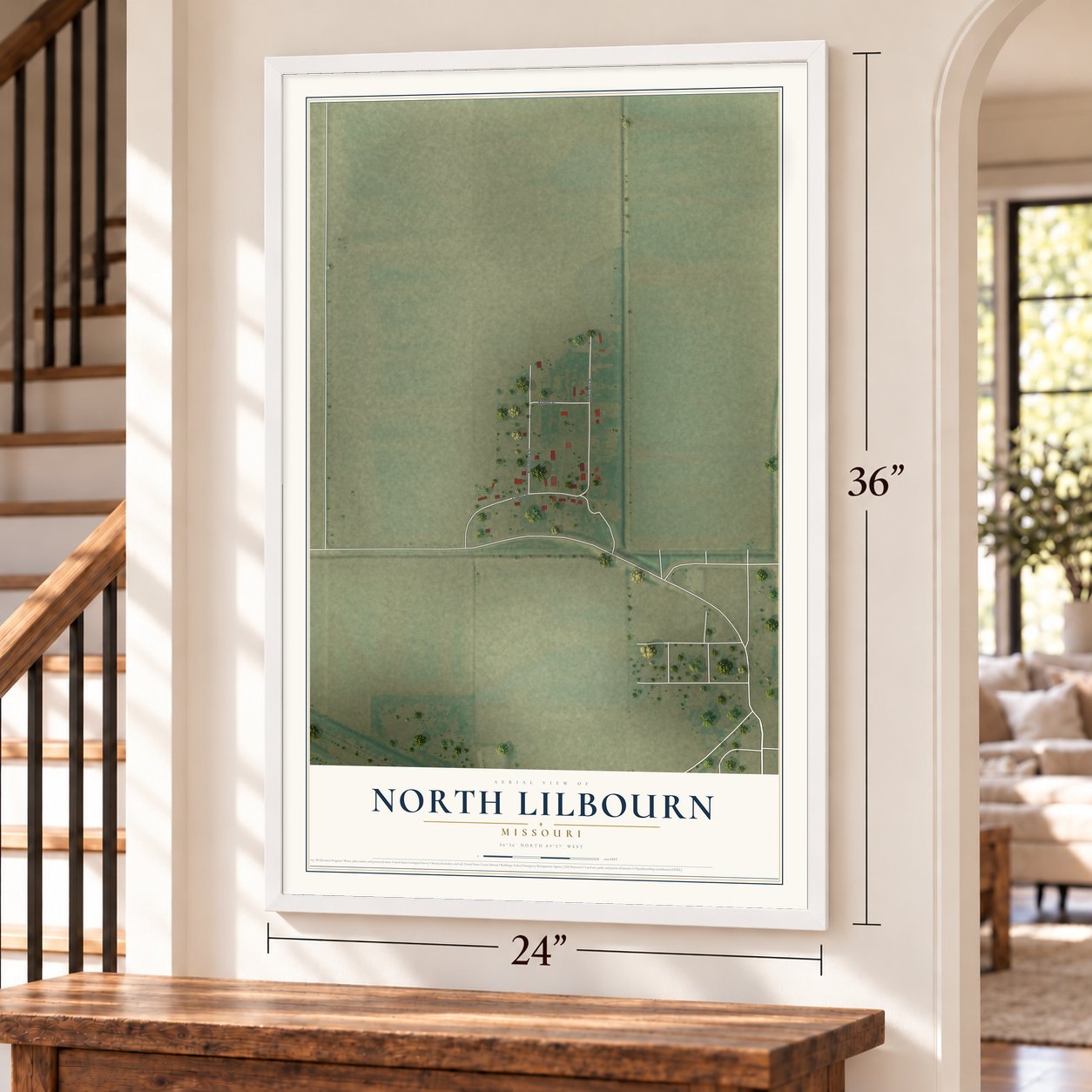 North Lilbourn, Missouri map, 24 x 36 inch print in a white frame by a staircase