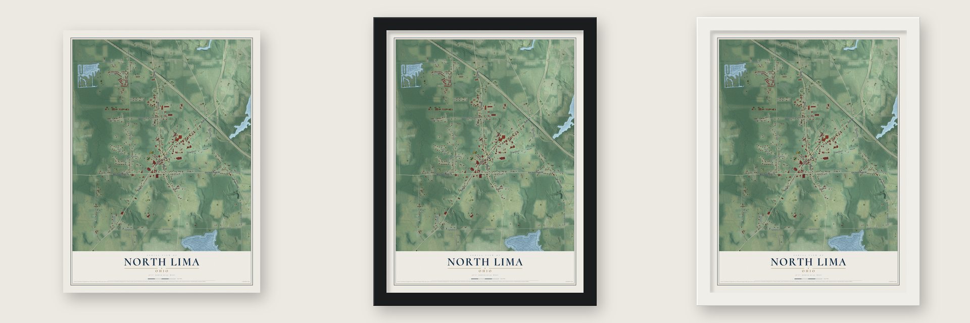 North Lima, Ohio map unframed, in a black wood frame and in a white wood frame