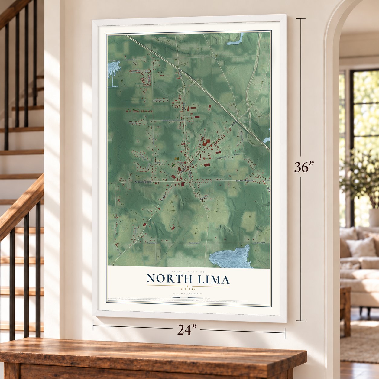 North Lima, Ohio map, 24 x 36 inch print in a white frame by a staircase