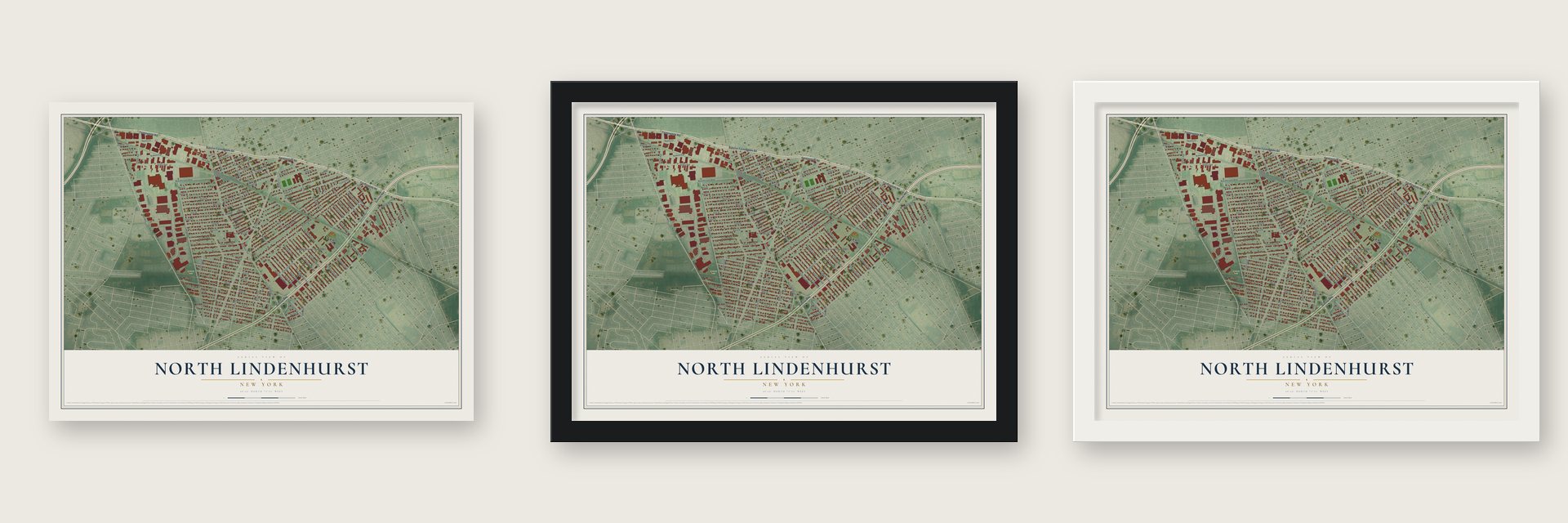 North Lindenhurst, New York map unframed, in a black wood frame and in a white wood frame
