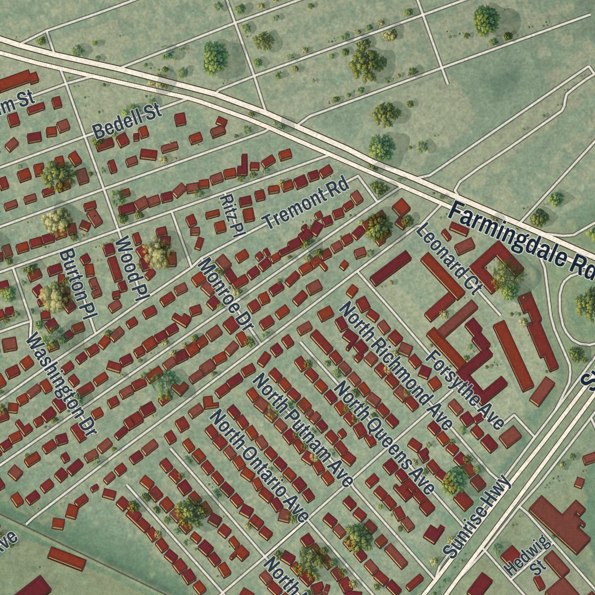 Second close-up of the map of North Lindenhurst, New York print showing more streets and buildings