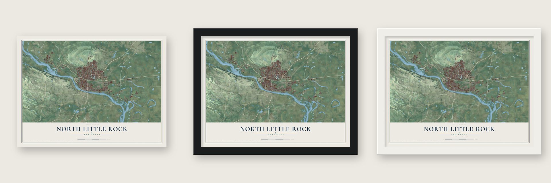 North Little Rock, Arkansas map unframed, in a black wood frame and in a white wood frame