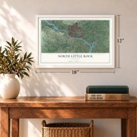 North Little Rock, Arkansas map, 12 x 18 inch print in a white frame in an entryway