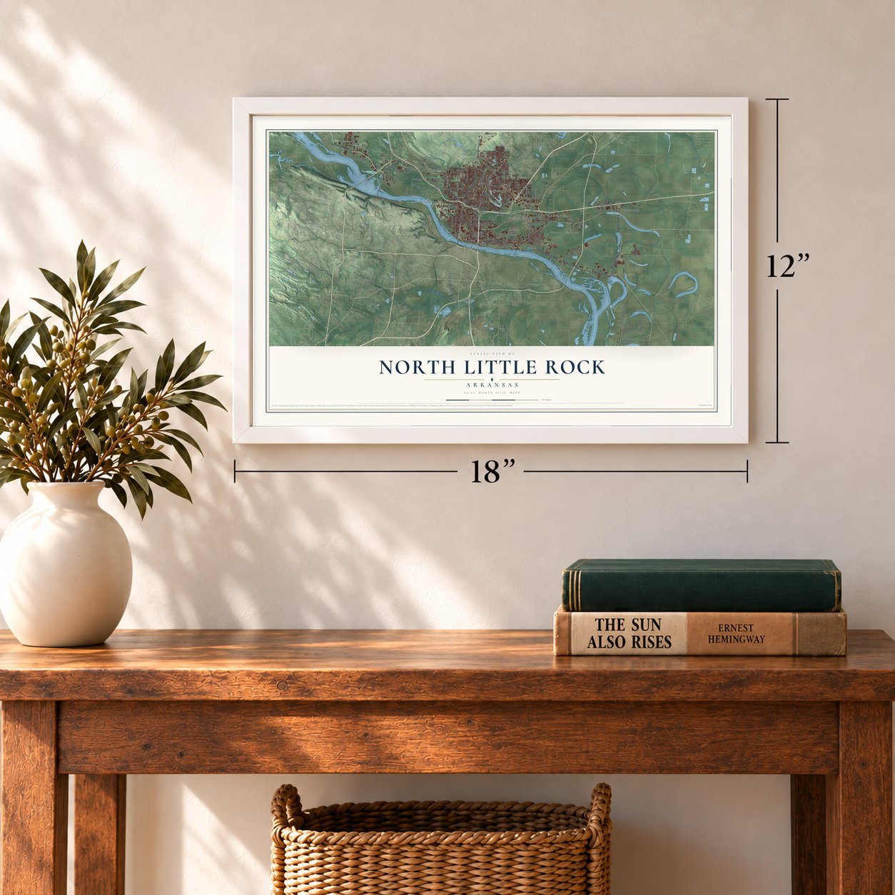 North Little Rock, Arkansas map, 12 x 18 inch print in a white frame in an entryway