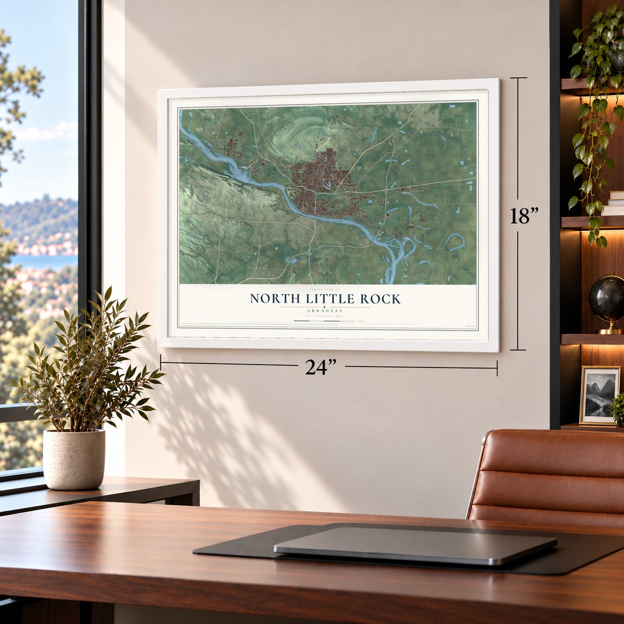 North Little Rock, Arkansas map, 18 x 24 inch print in a white frame in a home office