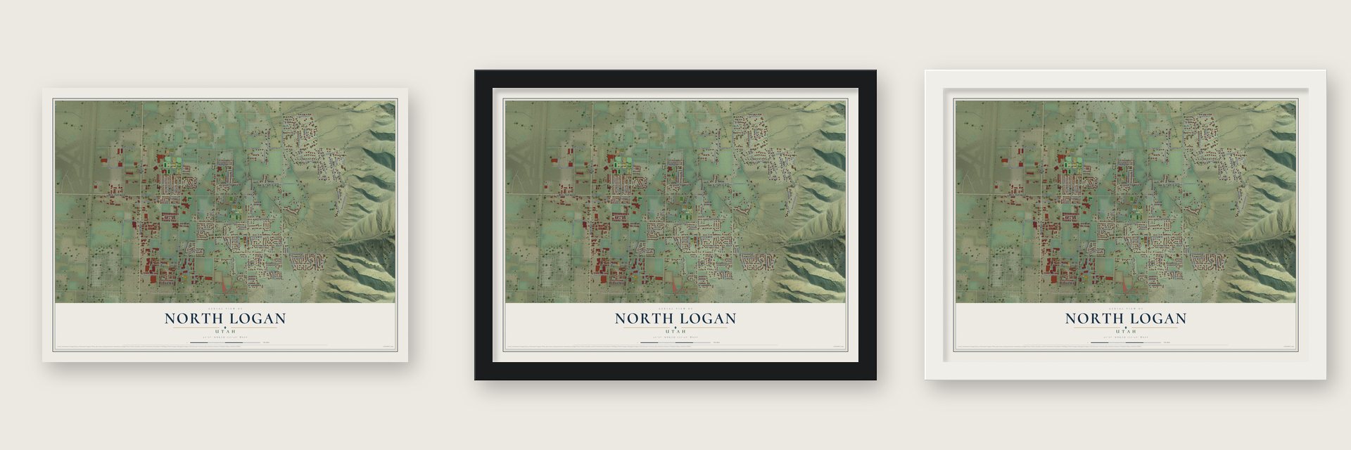 North Logan, Utah map unframed, in a black wood frame and in a white wood frame
