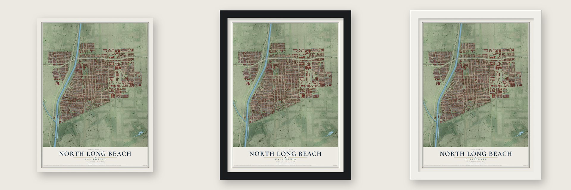 North Long Beach, California map unframed, in a black wood frame and in a white wood frame