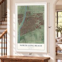 North Long Beach, California map, 24 x 36 inch print in a white frame by a staircase