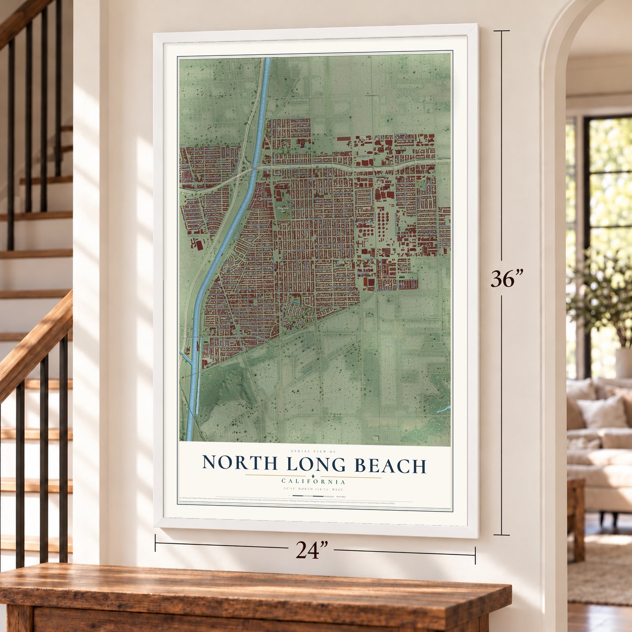 North Long Beach, California map, 24 x 36 inch print in a white frame by a staircase