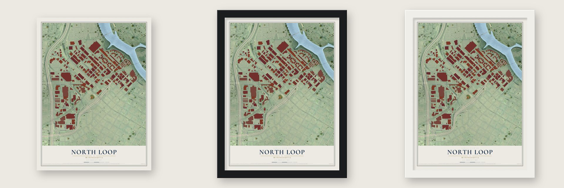 North Loop, Minnesota map unframed, in a black wood frame and in a white wood frame