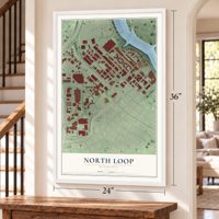 North Loop, Minnesota map, 24 x 36 inch print in a white frame by a staircase